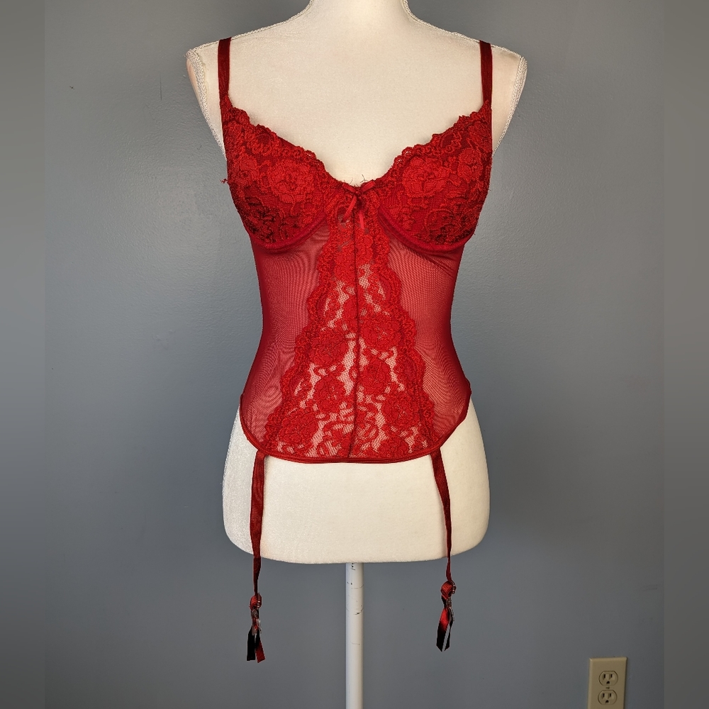 Red bustier with garter straps